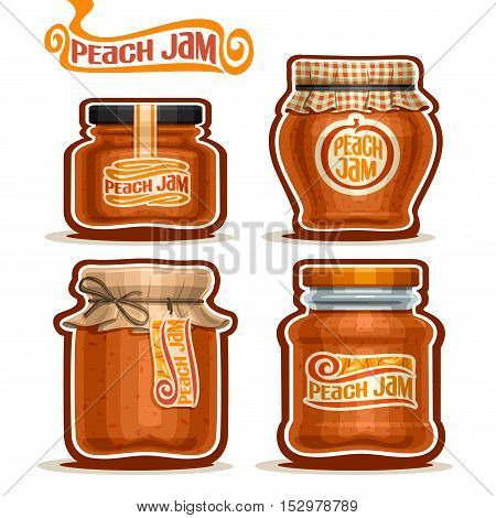 Vector logo Peach Jam in glass Jars with paper cover lid, rustic Pot home made peach jams, twine rope bow, set homemade fruit jam jar, farm jelly pot with label, checkered cloth cap, isolated on white