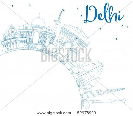 Outline Delhi Skyline with Blue Buildings and Copy Space. Business Travel and Tourism Concept with Historic Architecture. Image for Presentation Banner Placard and Web Site.
