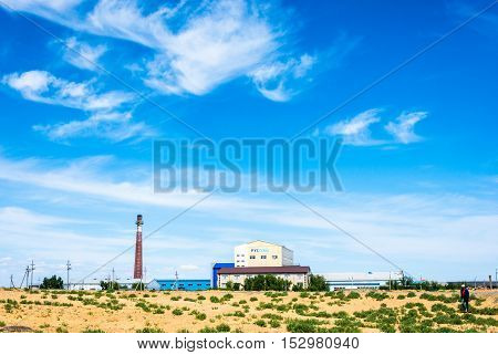 Nizhniy Baskunchak Arkhangelsk region Russia - June 10 2015: Enterprise RUSSOL on lake Baskunchak Astrakhan region on June 10 2015.