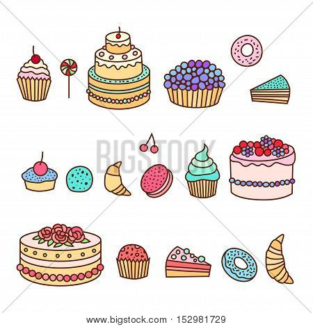Set of colorful tasty cakes slices of pies and other bakery desserts.