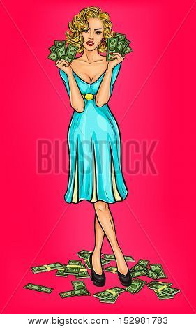 Vector pop art girl with cash in hand