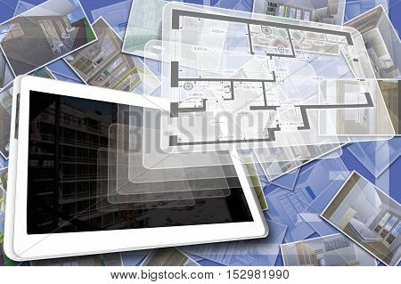 Apartment plan design for architectural project. With digital house plan on tablet screen and 3D computer generated rendering prints of internals, and a picture from a real construction set