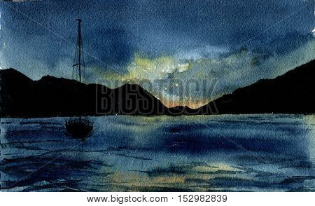 Watercolor sea landscape with yacht. Hand drawn night sea illustration with mount, sky and clouds. For design, textile and background