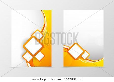 Front and back dynamic wave flyer template design. Abstract template with orange lines and white squares in smooth style. Vector illustration