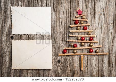 Xmas Tree Made Of Branches And Pearls With Empty Photo Good For Message