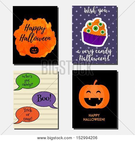 Halloween vector vertical banners design template. Party invitations design template. Greeting cards with cupcake pumpking speech bubbles