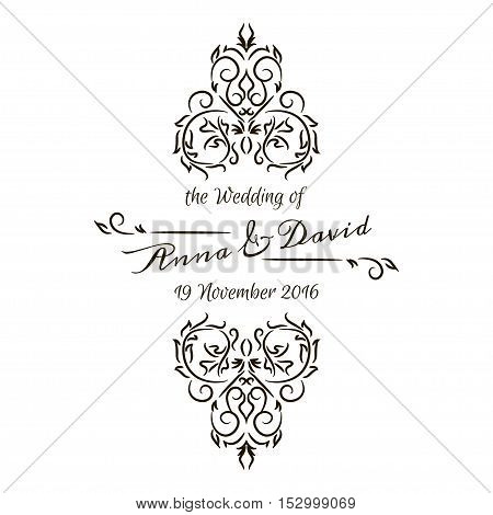 Floral calligraphic wadding badge frame. Vector illustration