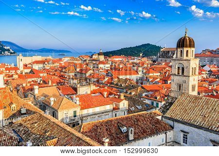Dubrovnik Croatia. Sunset golden light over Old Town roofs of Ragusa (Duvrovnik).