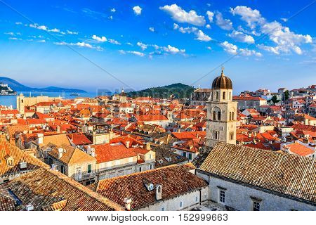 Dubrovnik Croatia. Sunset golden light over Old Town roofs of Ragusa (Duvrovnik).