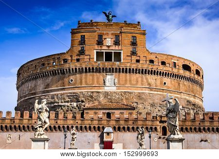 Rome Italy. Castle Sant Angelo twilight built by Hadrian emperor as mausoleum in 123AD ancient Roman Empire landmark.