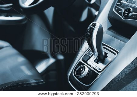 Luxury Of Car Interior At Transmission Shift Gear Area. Modern Car Interior, Gearstick Radio. Color 