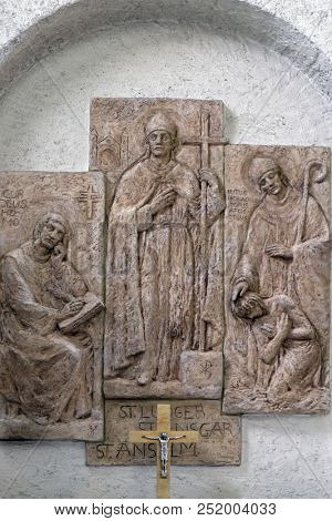 MUNSTERSCHWARZACH, GERMANY - JULY 09: Saints Anselm of Canterbury, the bishops Liudger and Ansgar, missionary in Scandinavia, altar in Munsterschwarzach Abbey, Germany on July 09, 2017.