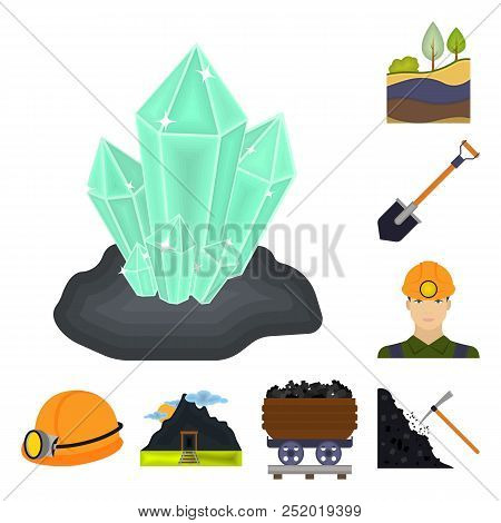 Mining Industry Cartoon Icons In Set Collection For Design. Equipment And Tools Vector Symbol Stock 