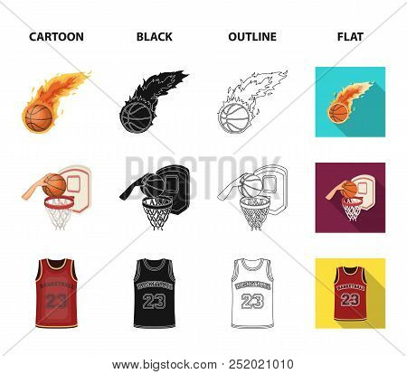 Basketball And Attributes Cartoon, Black, Outline, Flat Icons In Set Collection For Design.basketbal