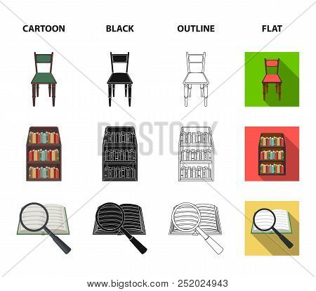 Cabinet With Filing Cabinet, Chair, Shelves, Information Search. Library And Bookstore Set Collectio