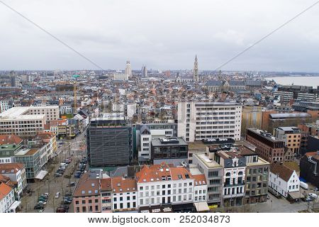 Antwerp, Belgium - 2 March 2017: Panoramic View Across The Skyline Of Antwerp From The Mas Observati