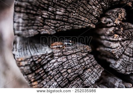 Two Wedding Rings On A Wooden Board With Cracks