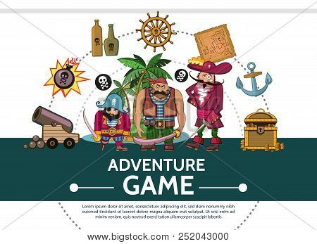 Cartoon Adventure Game Ui Elements Composition With Cannon Bomb Pirates Bottles Ship Steering Wheel 