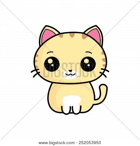 Cute And Funny Sweet Cat Character, Cartoon Isolated On White Background.