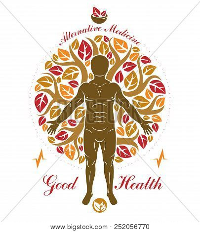 Vector Graphic Illustration Of Strong Male Composed With Autumn Tree Leaves And Mortar And Pestle. R