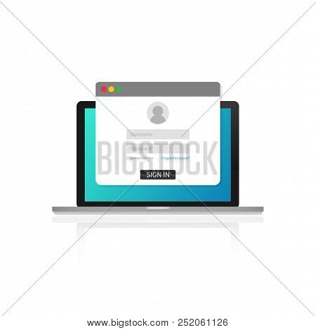 Login Page On Laptop Screen. Notebook And Online Login Form, Sign In Page. User Profile, Access To A