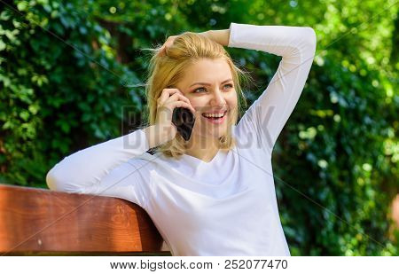 I Was Waiting Your Call. Girl Blonde Smiling Face Talk Smartphone Green Nature Background. Woman Hav