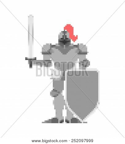 Knight Pixel Art. Metal Armor Warrior 8 Bit. Digital Iron Armor. Plate And Sword. Vector Illustratio