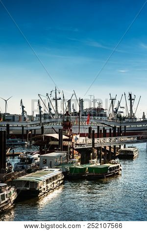 Street view of Cruise ship in the harbor of Hamburg, germany, Europe