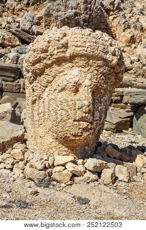 Commagene Statue At East Terrace On Top Of Nemrut Mountain. Stone Heads At The Top Of 2150 Meters Hi