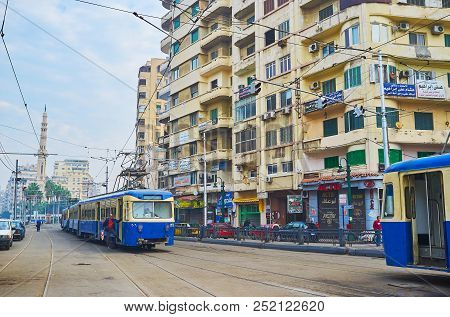 Alexandria, Egypt - December 18, 2017:  The City Center Is The Best Place To Enjoy The Vintage Tram 