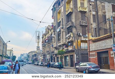 Alexandria, Egypt - December 18, 2017: The Housing Of Sharif Avenue In El Labban Old Neighborhood, O
