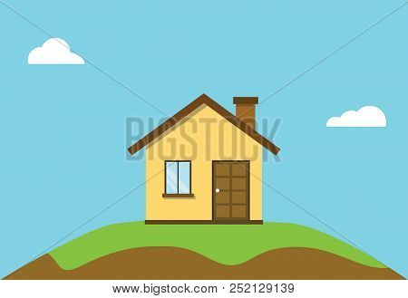 Small Flat House On Top Off Hill With Blue Sky Background Vector Graphic Illustration