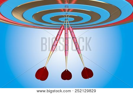 Two Three Red Darts Hitting The Bullseye Aim. Concept Of Success 3d Illustration