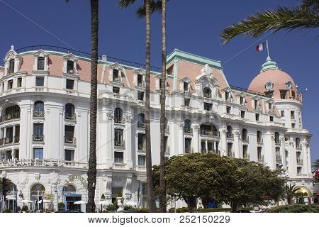 Nice, France - April 22 2017: Facade Of The Historic Le Negresco Hotel In Nice, France