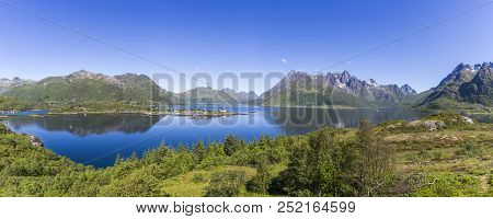 Panorama View Of Sildpollen Bay And Sildpollneset Chapel From Austnesfjorden Viewpoint