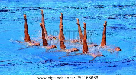 Budapest, Hungary - Jul 18, 2017. Synchronized Swimming Team Spain Performing A Synchronized Routine