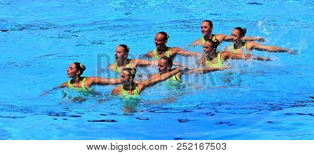 Budapest, Hungary - Jul 18, 2017. Synchronized Swimming Team Ukraine Performing A Synchronized Routi