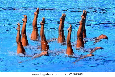 Budapest, Hungary - Jul 18, 2017. Synchronized Swimming Team Italy  Performing A Synchronized Routin