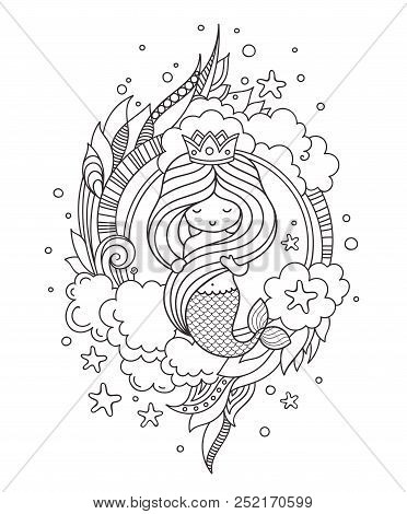 Coloring Book Page For Adults. Little Beautiful Mermaid, Holding Her Long Hair. Vector Outline Illus