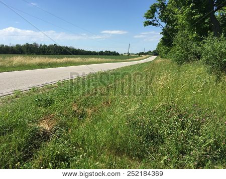 Country Road In A Nice Peaceful Area In Goderich Ontario Canada, Green Grass And Trees