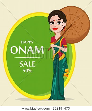 Onam Celebration. Indian Woman In Traditional Clothes Holding Umbrella. Happy Onam Festival In Keral