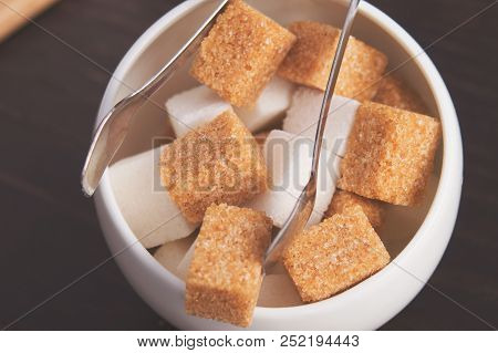 Sugar Bowl With Cubes Of White Cane Sugar, Sugar-tongs And Napkins. Atmosphere And Table Appointment