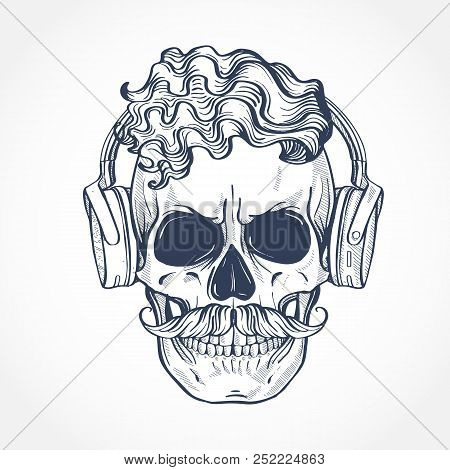 Angry Skull With Cirly Hairstyle, Vintage Old Illustration