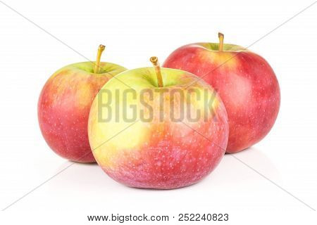 Group Of Three Whole Fresh Red Apple James Grieve Variety Isolated On White Background