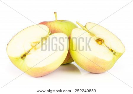 Group Of One Whole Two Halves Of Fresh Red Apple James Grieve Variety Isolated On White Background