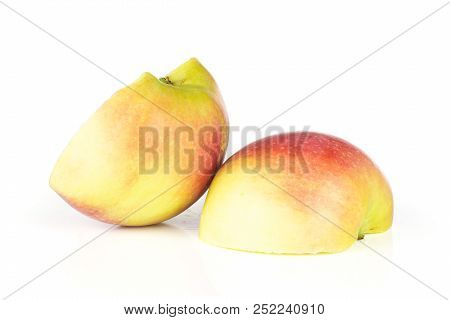 Group Of Two Halves Of Fresh Red Apple James Grieve Variety Isolated On White Background