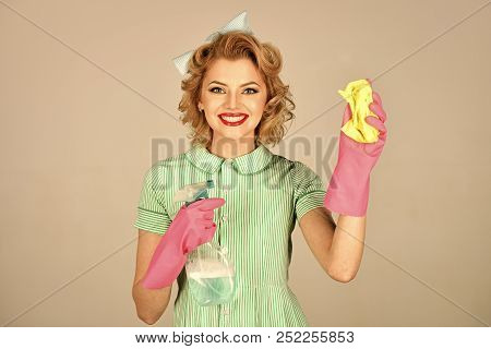 Pinup Woman Hold Soup Bottle, Duster. Cleaning, Retro Style, Purity. Housekeeper In Uniform With Cle