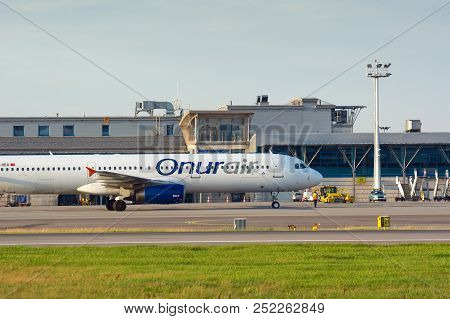 Gdansk, Poland - August 4, 2018: Passenger Plane Of Onur Air Taxiing At Lech Walesa Airport In Gdans