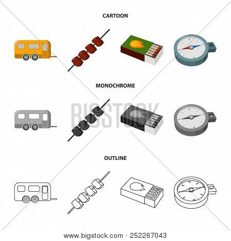 Trailer, Shish Kebab, Matches, Compass. Camping Set Collection Icons In Cartoon, Outline, Monochrome