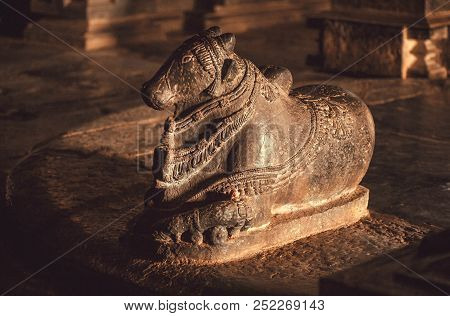 Hindu Diety Bull Nandi Inside Old Stone Temple In India